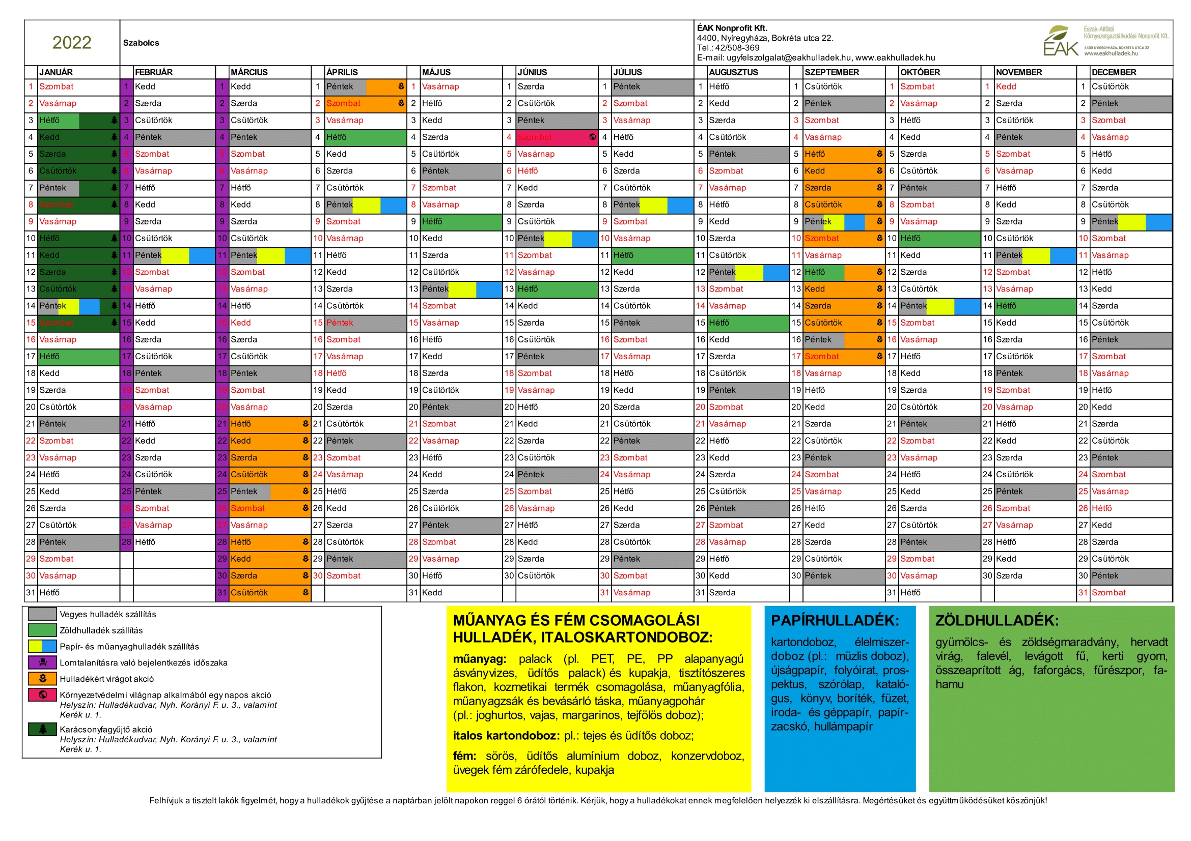 Hulladéknaptár 2022 Szabolcs