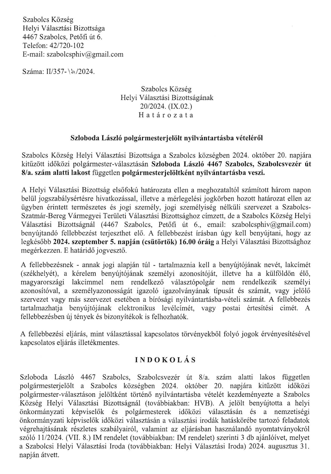 202024.IX.02. határozat Szloboda László nyilvántartásba vétel 1