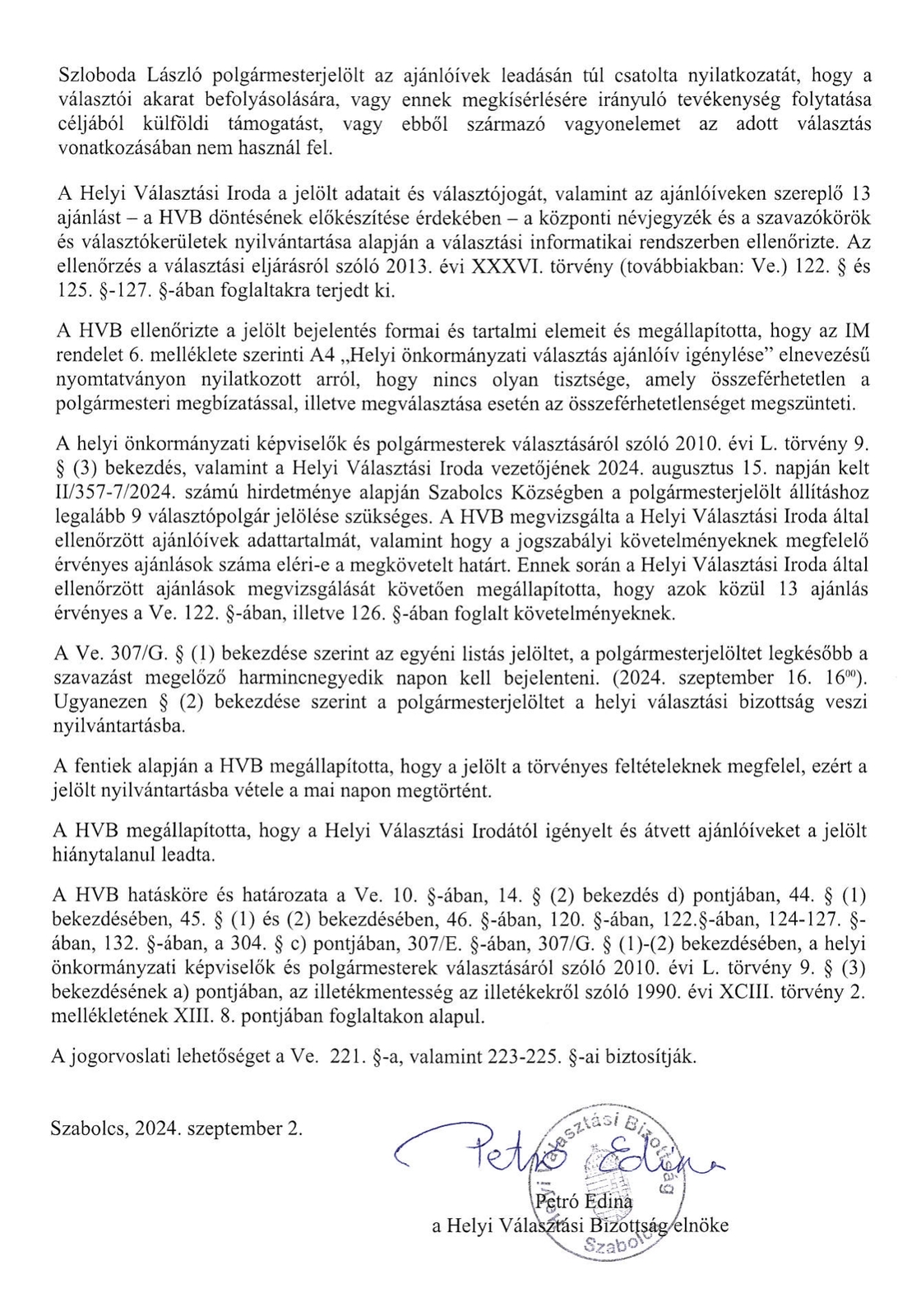 202024.IX.02. határozat Szloboda László nyilvántartásba vétel 2